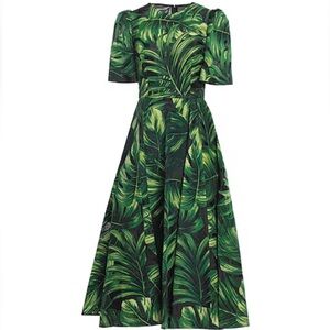 DOLCE & GABBANA Runway Leaf-print Flocked Midi Dress Size 44 $5600 Retail